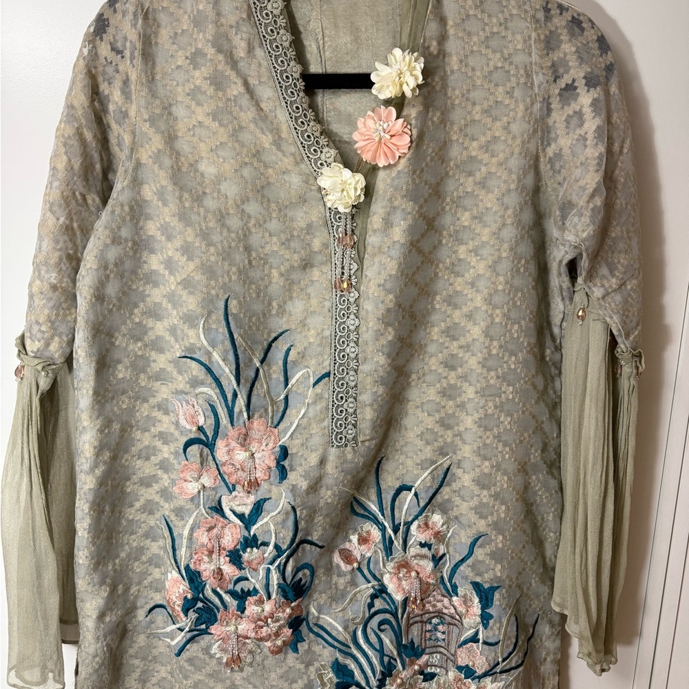 Tan/Gray Embroidered Kameez with Printed Dupatta and patiala pants.